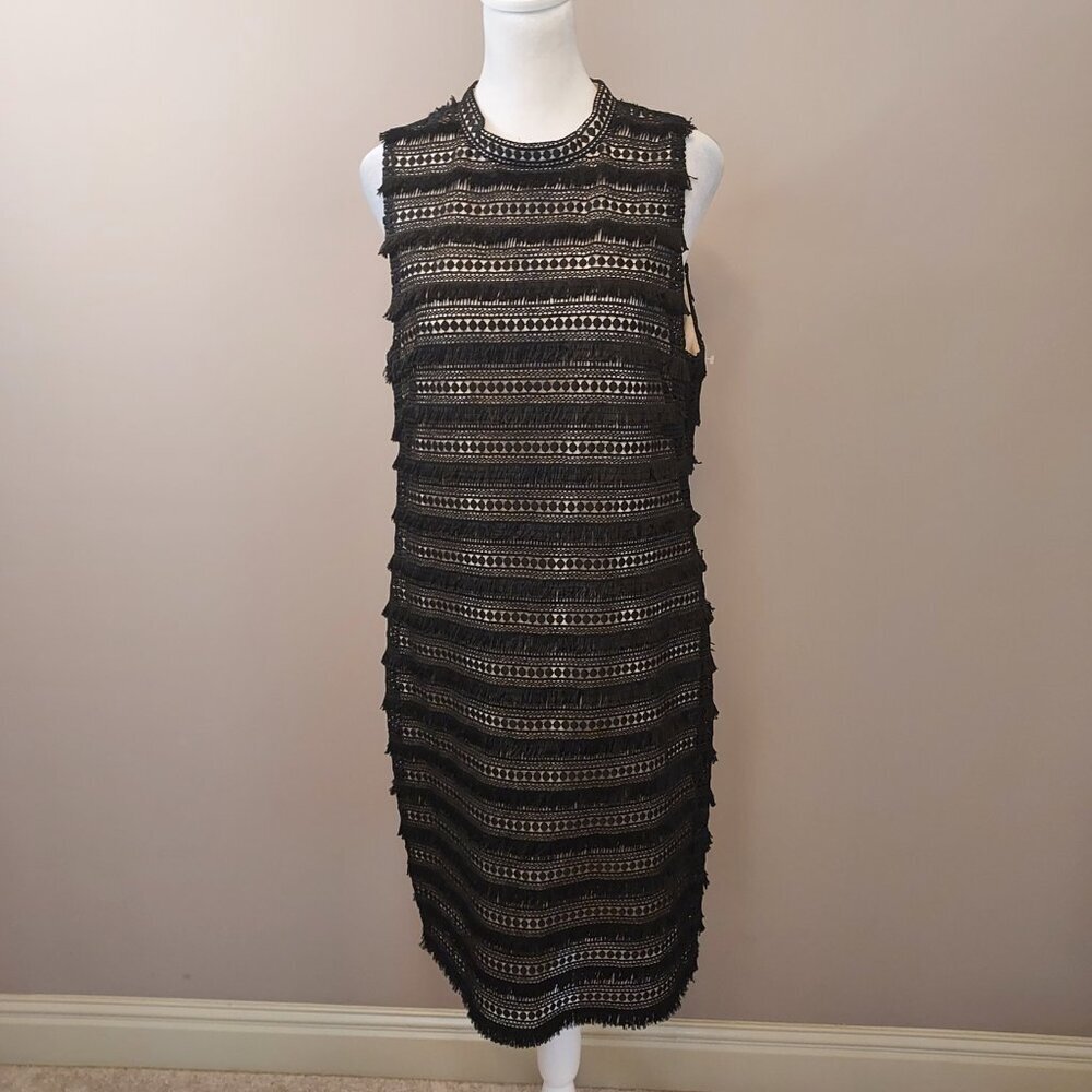 J Crew Black & Nude Fringe Lace Sleeveless Dress Size 10 - Picture 2 of 8